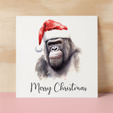 Fun Christmas Card of a Gorilla Wearing A Santa Hat Whimsical Watercolour Christmas Card For Animal Lover For Him or Her