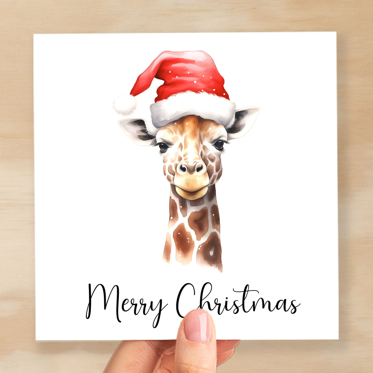 Fun Christmas Card of a Giraffe Wearing A Santa Hat Whimsical Watercolour Christmas Card For Animal Lover For Him or Her