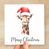 Fun Christmas Card of a Giraffe Wearing A Santa Hat Whimsical Watercolour Christmas Card For Animal Lover For Him or Her