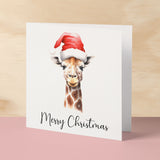 Fun Christmas Card of a Giraffe Wearing A Santa Hat Whimsical Watercolour Christmas Card For Animal Lover For Him or Her