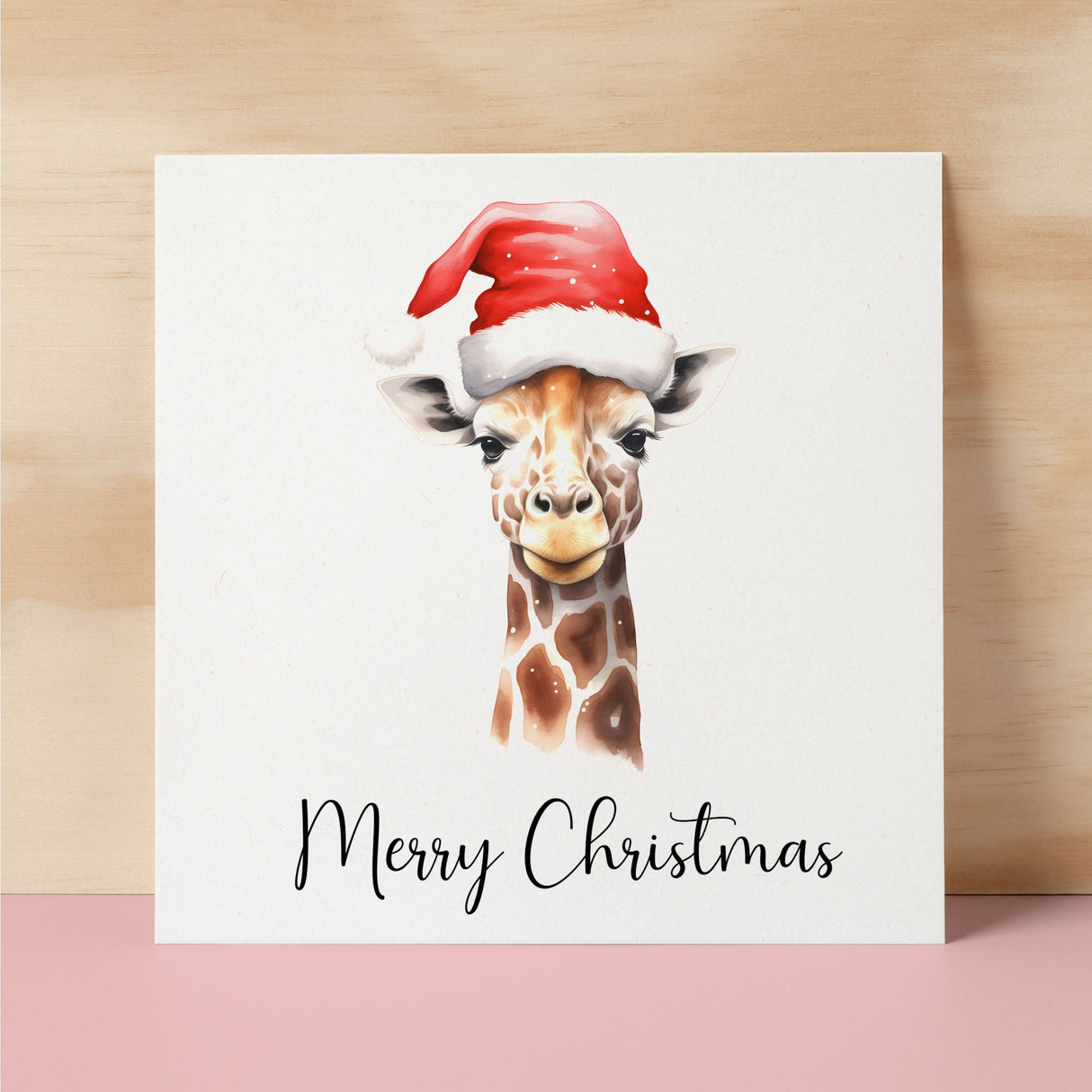 Fun Christmas Card of a Giraffe Wearing A Santa Hat Whimsical Watercolour Christmas Card For Animal Lover For Him or Her