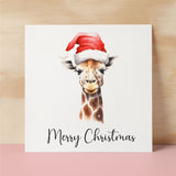 Fun Christmas Card of a Giraffe Wearing A Santa Hat Whimsical Watercolour Christmas Card For Animal Lover For Him or Her