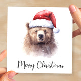 Fun Christmas Card of a Bear Wearing A Santa Hat Whimsical Watercolour Christmas Card For Animal Lover For Him or Her