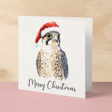 Fun Christmas Card of a Peregrine Falcon Wearing A Santa Hat Whimsical Watercolour Christmas Card For Bird Lover For Him or Her