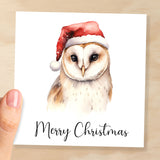 Fun Christmas Card of a Barn Owl Wearing A Santa Hat Whimsical Watercolour Christmas Card For Bird Lover For Him or Her