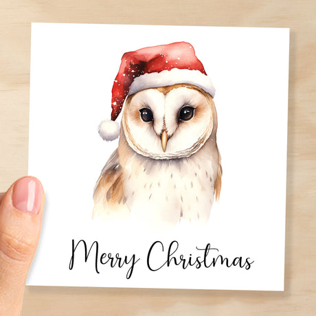 Fun Christmas Card of a Barn Owl Wearing A Santa Hat Whimsical Watercolour Christmas Card For Bird Lover For Him or Her