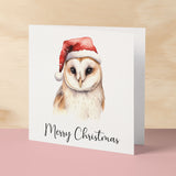 Fun Christmas Card of a Barn Owl Wearing A Santa Hat Whimsical Watercolour Christmas Card For Bird Lover For Him or Her