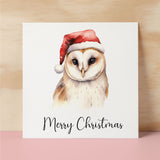 Fun Christmas Card of a Barn Owl Wearing A Santa Hat Whimsical Watercolour Christmas Card For Bird Lover For Him or Her