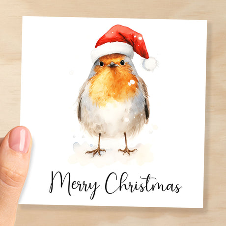 Fun Christmas Card of a Robin Wearing A Santa Hat Whimsical Watercolour Christmas Card For Bird Lover For Him or Her