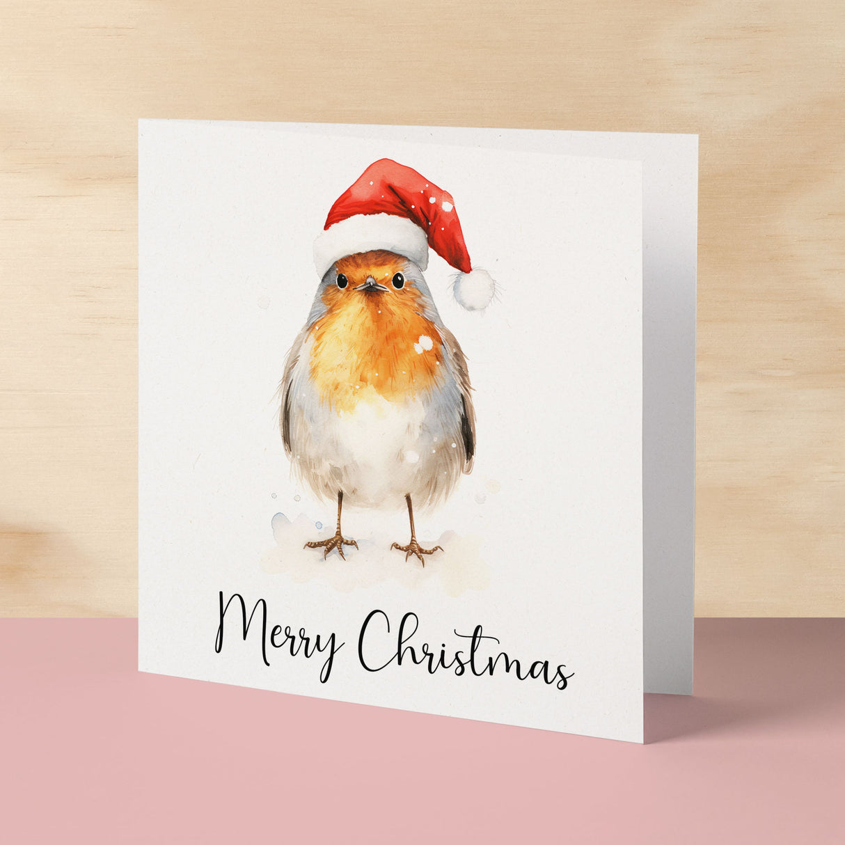 Fun Christmas Card of a Robin Wearing A Santa Hat Whimsical Watercolour Christmas Card For Bird Lover For Him or Her