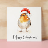 Fun Christmas Card of a Robin Wearing A Santa Hat Whimsical Watercolour Christmas Card For Bird Lover For Him or Her