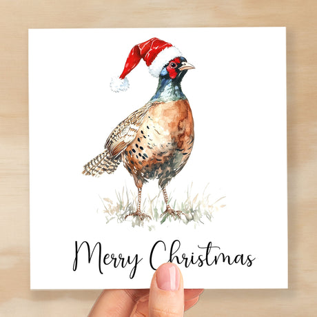 Fun Christmas Card of a Pheasant Wearing A Santa Hat Whimsical Watercolour Christmas Card For Bird Lover For Him or Her