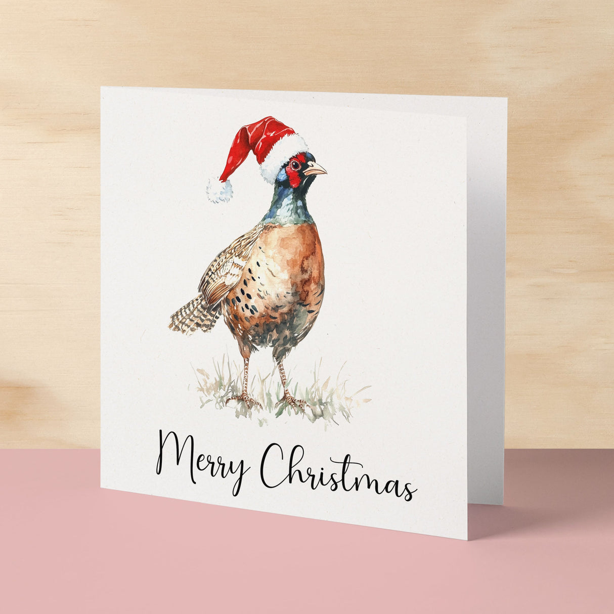 Fun Christmas Card of a Pheasant Wearing A Santa Hat Whimsical Watercolour Christmas Card For Bird Lover For Him or Her