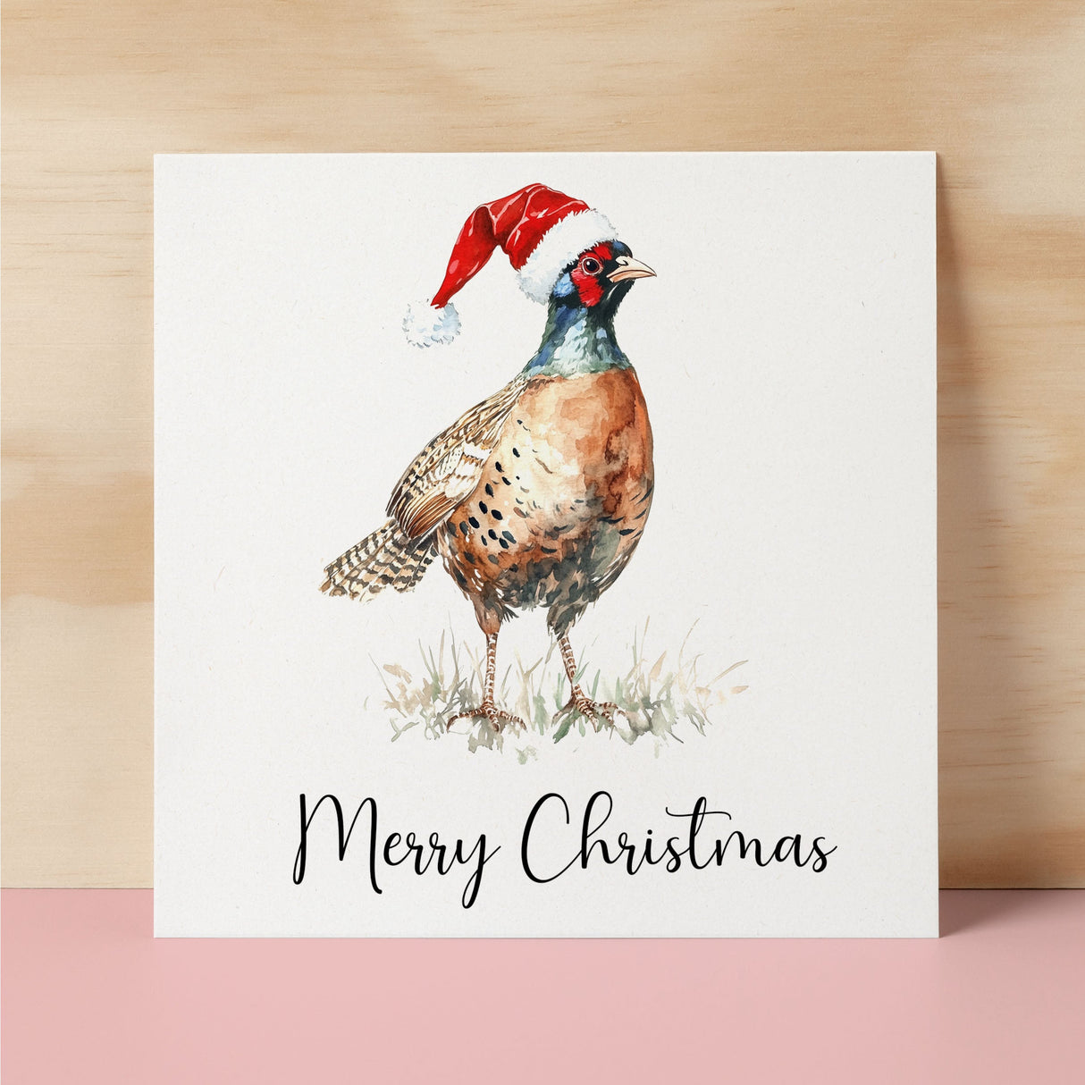 Fun Christmas Card of a Pheasant Wearing A Santa Hat Whimsical Watercolour Christmas Card For Bird Lover For Him or Her