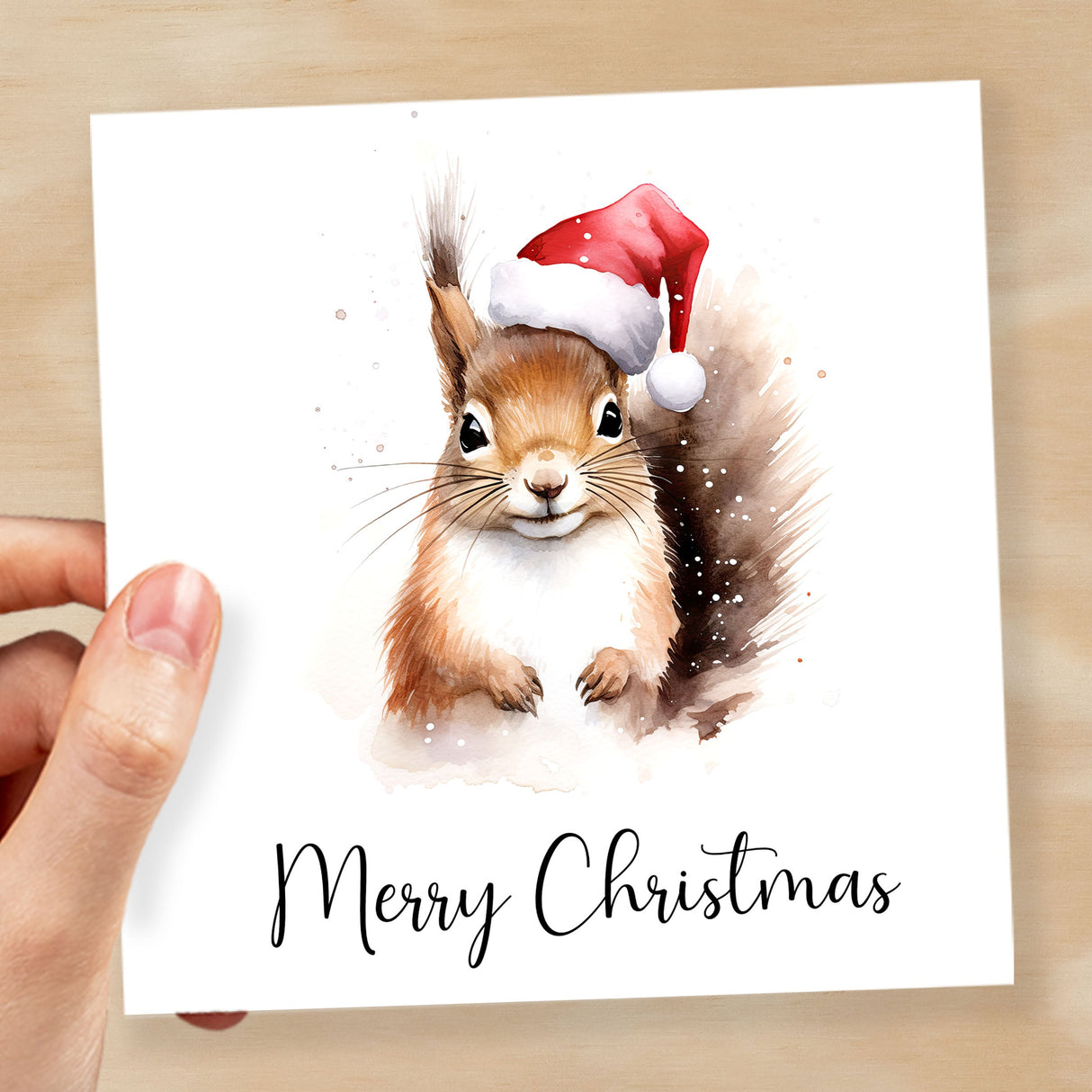 Fun Christmas Card of a Squirrel Wearing A Santa Hat Whimsical Watercolour Christmas Card For Animal Lover For Him or Her