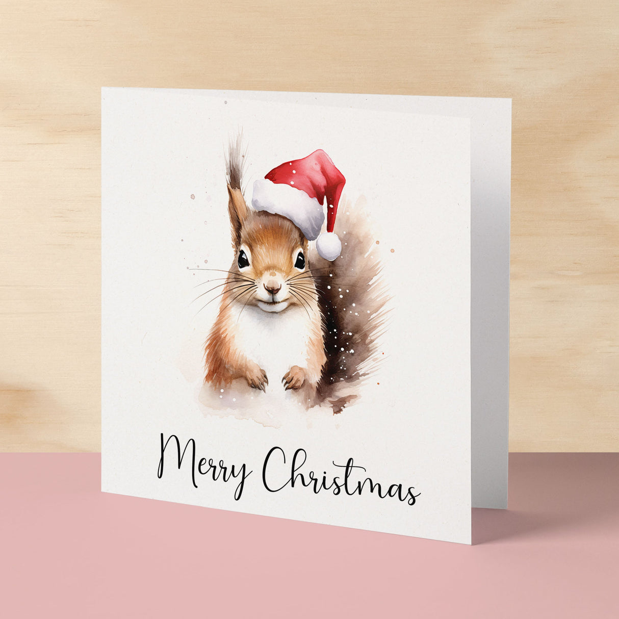 Fun Christmas Card of a Squirrel Wearing A Santa Hat Whimsical Watercolour Christmas Card For Animal Lover For Him or Her