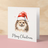 Fun Christmas Card of a Hedgehog Wearing A Santa Hat Whimsical Watercolour Christmas Card For Animal Lover For Him or Her