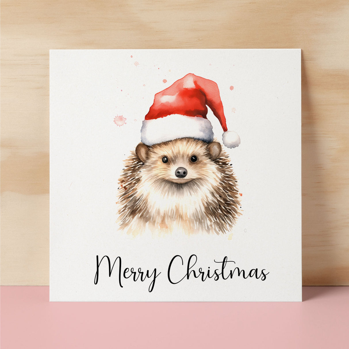 Fun Christmas Card of a Hedgehog Wearing A Santa Hat Whimsical Watercolour Christmas Card For Animal Lover For Him or Her