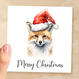 Fun Christmas Card of a Fox Wearing A Santa Hat Whimsical Watercolour Christmas Card For Animal Lover For Him or Her