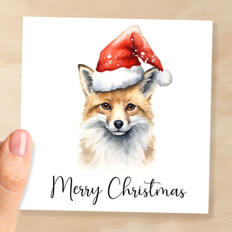 Fun Christmas Card of a Fox Wearing A Santa Hat Whimsical Watercolour Christmas Card For Animal Lover For Him or Her