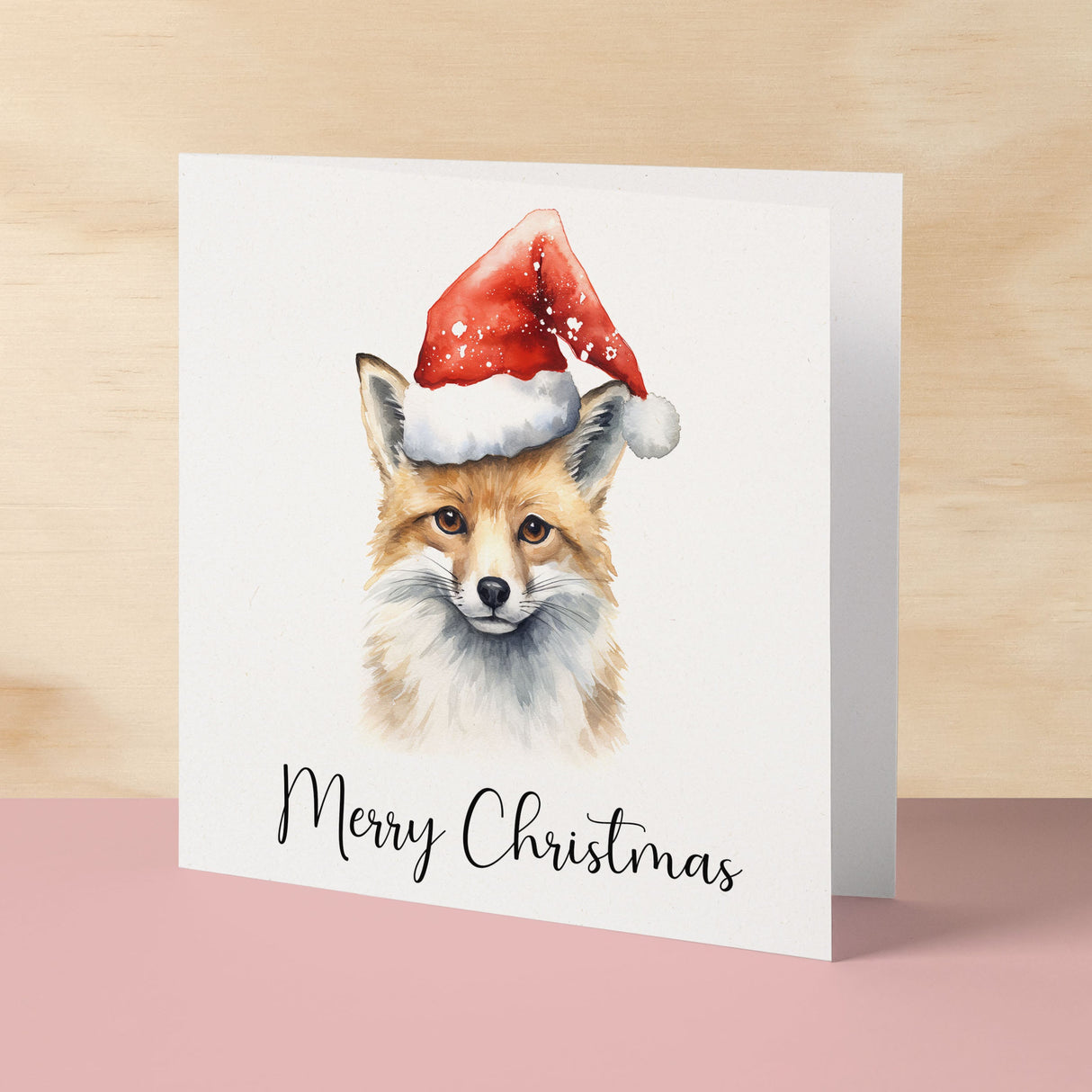 Fun Christmas Card of a Fox Wearing A Santa Hat Whimsical Watercolour Christmas Card For Animal Lover For Him or Her