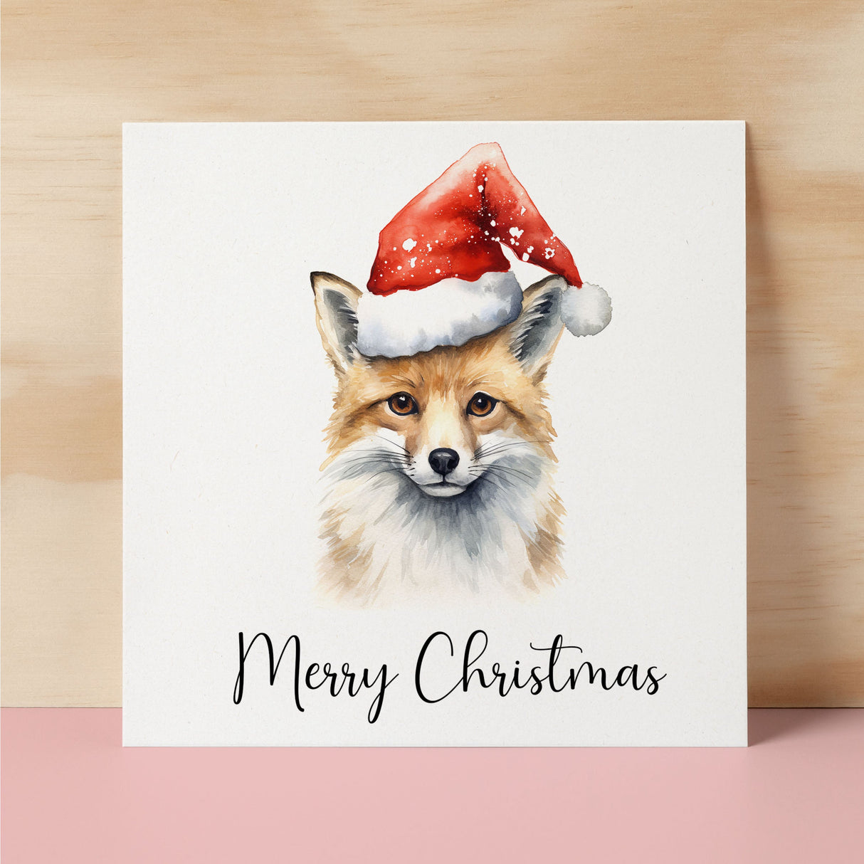 Fun Christmas Card of a Fox Wearing A Santa Hat Whimsical Watercolour Christmas Card For Animal Lover For Him or Her