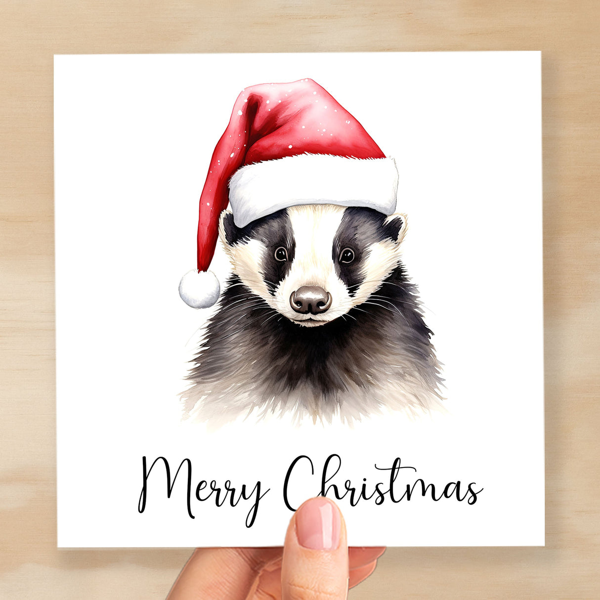 Fun Christmas Card of a Badger Wearing A Santa Hat Whimsical Watercolour Christmas Card For Animal Lover For Him or Her