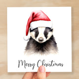 Fun Christmas Card of a Badger Wearing A Santa Hat Whimsical Watercolour Christmas Card For Animal Lover For Him or Her