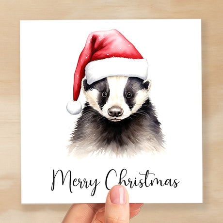 Fun Christmas Card of a Badger Wearing A Santa Hat Whimsical Watercolour Christmas Card For Animal Lover For Him or Her