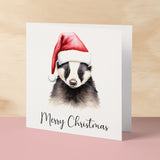 Fun Christmas Card of a Badger Wearing A Santa Hat Whimsical Watercolour Christmas Card For Animal Lover For Him or Her