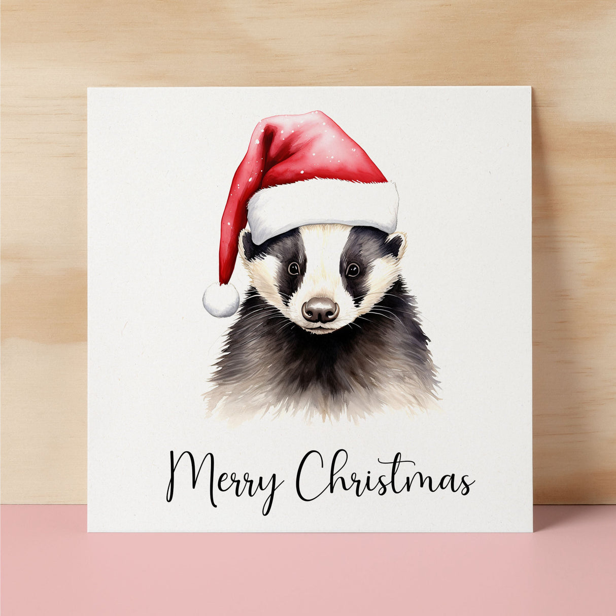 Fun Christmas Card of a Badger Wearing A Santa Hat Whimsical Watercolour Christmas Card For Animal Lover For Him or Her