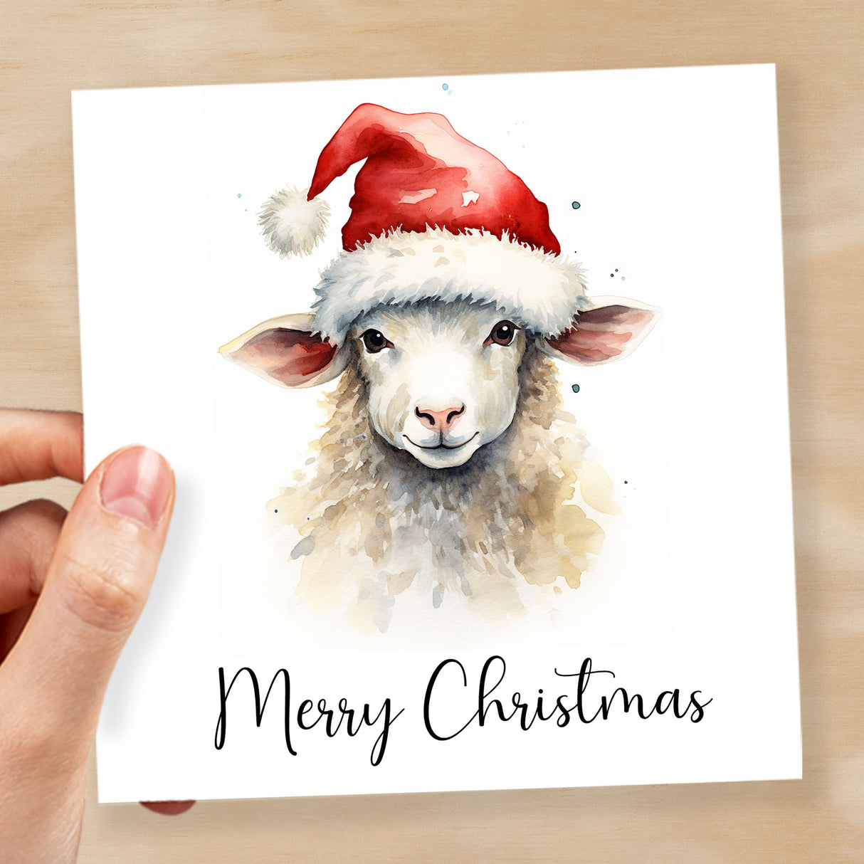 Fun Christmas Card of a Sheep Wearing A Santa Hat Whimsical Watercolour Christmas Card For Animal Lover For Him or Her