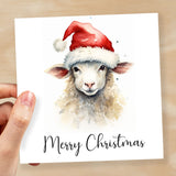 Fun Christmas Card of a Sheep Wearing A Santa Hat Whimsical Watercolour Christmas Card For Animal Lover For Him or Her