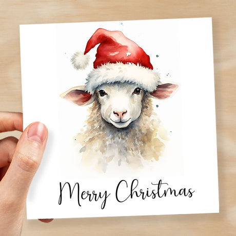 Fun Christmas Card of a Sheep Wearing A Santa Hat Whimsical Watercolour Christmas Card For Animal Lover For Him or Her