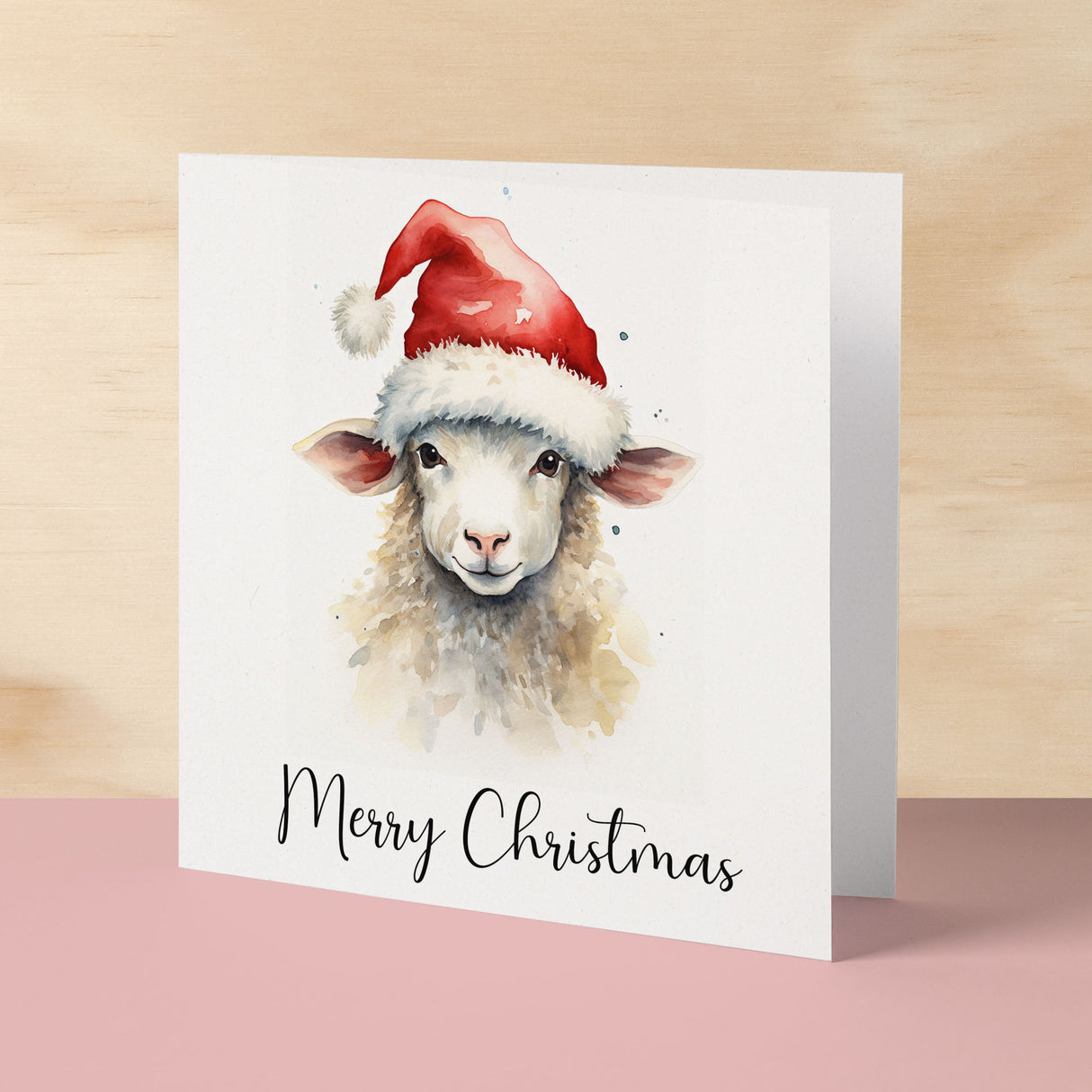 Fun Christmas Card of a Sheep Wearing A Santa Hat Whimsical Watercolour Christmas Card For Animal Lover For Him or Her