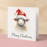 Fun Christmas Card of a Sheep Wearing A Santa Hat Whimsical Watercolour Christmas Card For Animal Lover For Him or Her