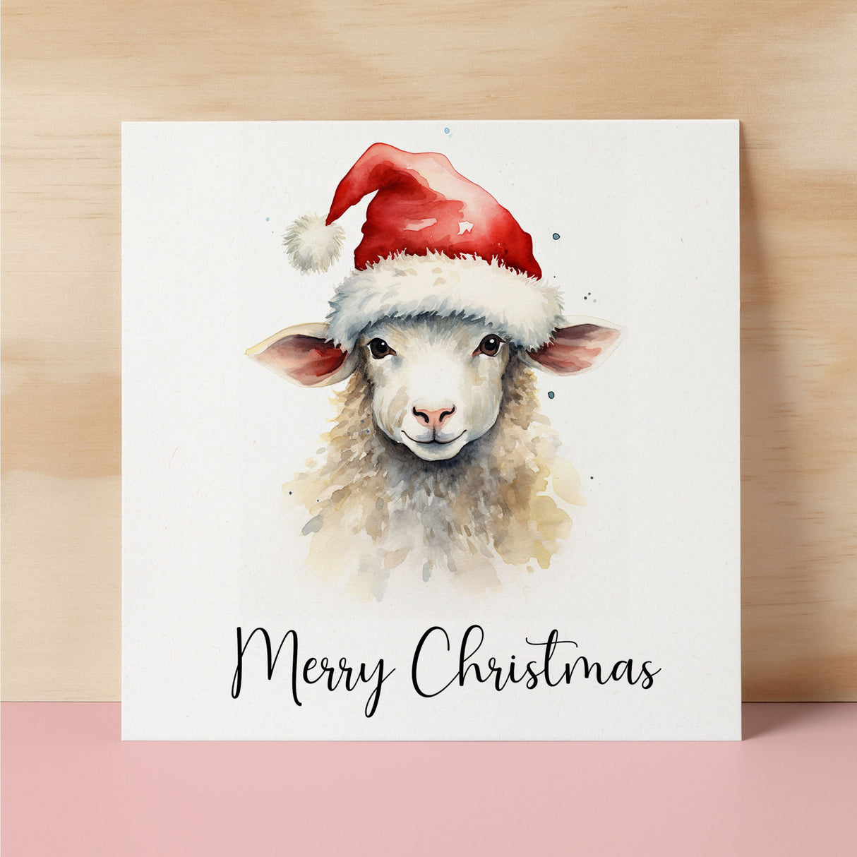 Fun Christmas Card of a Sheep Wearing A Santa Hat Whimsical Watercolour Christmas Card For Animal Lover For Him or Her