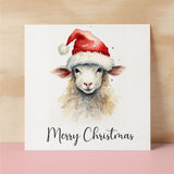 Fun Christmas Card of a Sheep Wearing A Santa Hat Whimsical Watercolour Christmas Card For Animal Lover For Him or Her