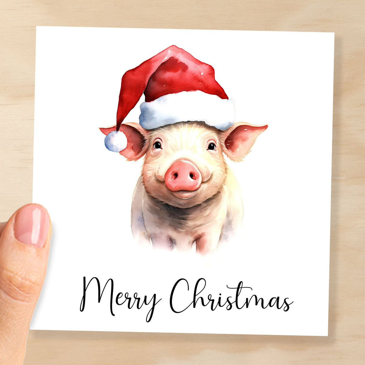 Fun Christmas Card of a Pig Wearing A Santa Hat Whimsical Watercolour Christmas Card For Animal Lover For Him or Her