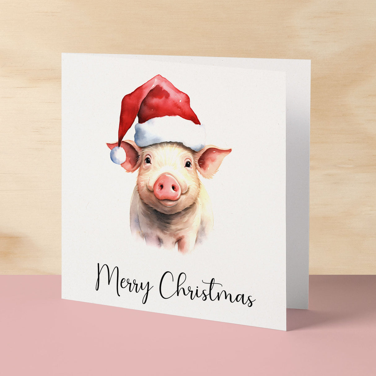 Fun Christmas Card of a Pig Wearing A Santa Hat Whimsical Watercolour Christmas Card For Animal Lover For Him or Her