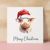 Fun Christmas Card of a Pig Wearing A Santa Hat Whimsical Watercolour Christmas Card For Animal Lover For Him or Her