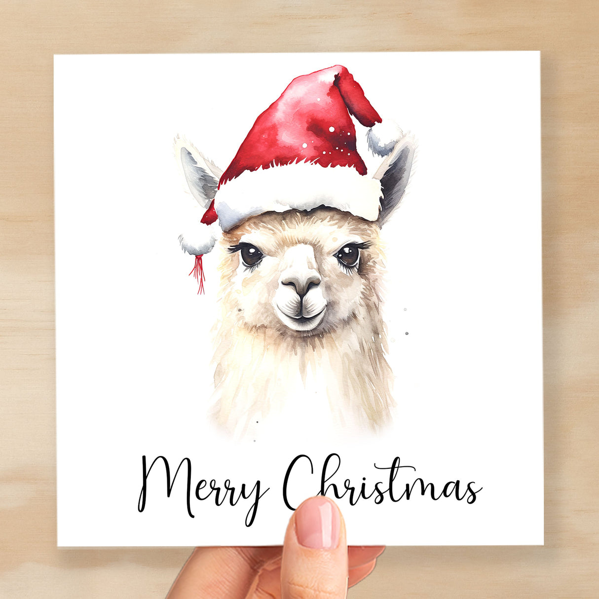 Fun Christmas Card of a Llama Wearing A Santa Hat Whimsical Watercolour Christmas Card For Animal Lover For Him or Her