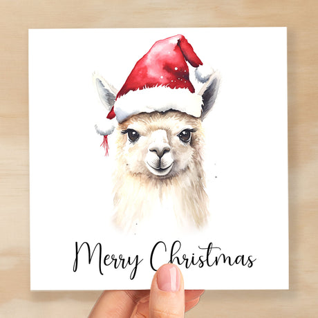 Fun Christmas Card of a Llama Wearing A Santa Hat Whimsical Watercolour Christmas Card For Animal Lover For Him or Her