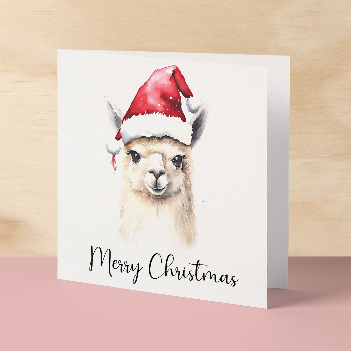 Fun Christmas Card of a Llama Wearing A Santa Hat Whimsical Watercolour Christmas Card For Animal Lover For Him or Her