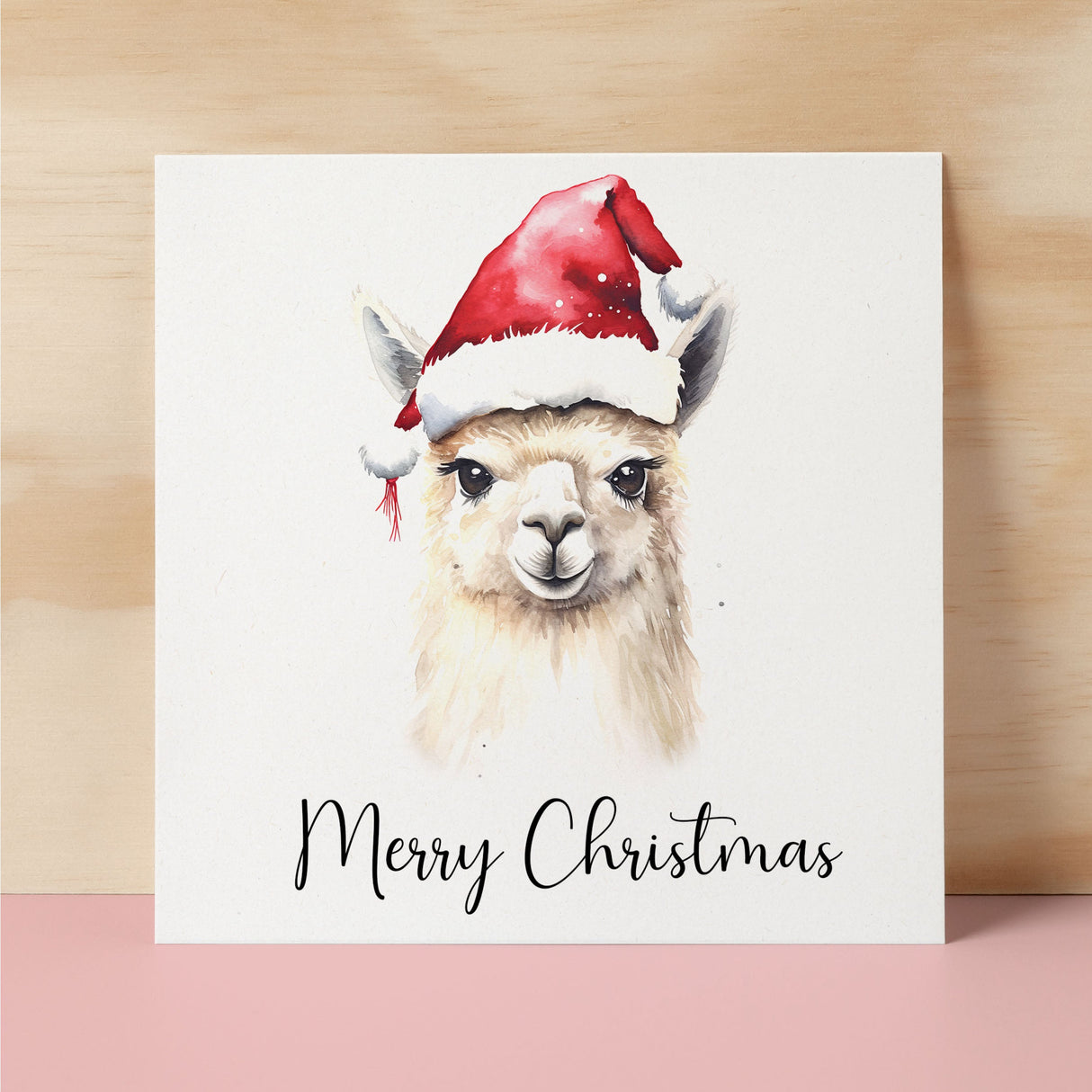 Fun Christmas Card of a Llama Wearing A Santa Hat Whimsical Watercolour Christmas Card For Animal Lover For Him or Her