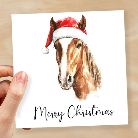 Fun Christmas Card of a Horse Wearing A Santa Hat Whimsical Watercolour Christmas Card For Animal Lover For Him or Her