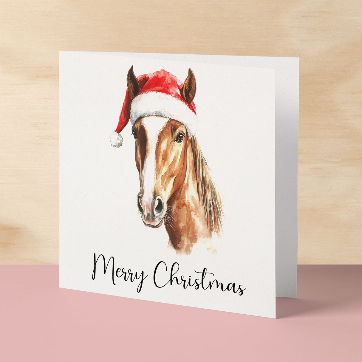 Fun Christmas Card of a Horse Wearing A Santa Hat Whimsical Watercolour Christmas Card For Animal Lover For Him or Her