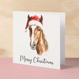 Fun Christmas Card of a Horse Wearing A Santa Hat Whimsical Watercolour Christmas Card For Animal Lover For Him or Her