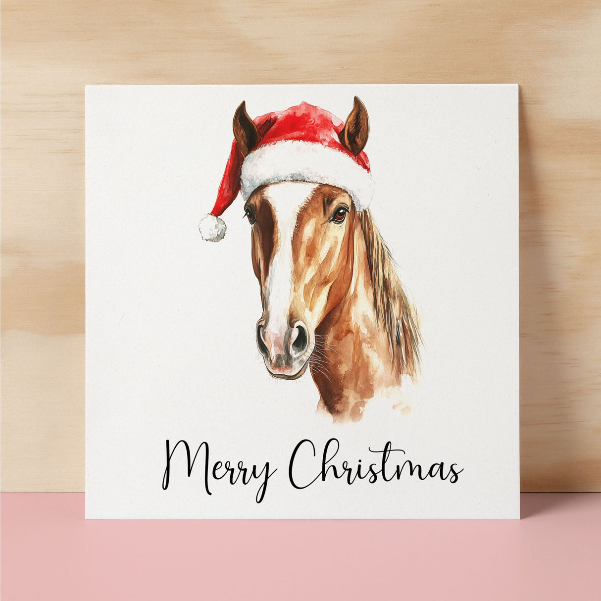 Fun Christmas Card of a Horse Wearing A Santa Hat Whimsical Watercolour Christmas Card For Animal Lover For Him or Her