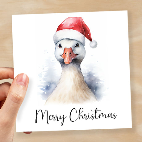 Fun Christmas Card of a Goose Wearing A Santa Hat Whimsical Watercolour Christmas Card For Animal Lover For Him or Her